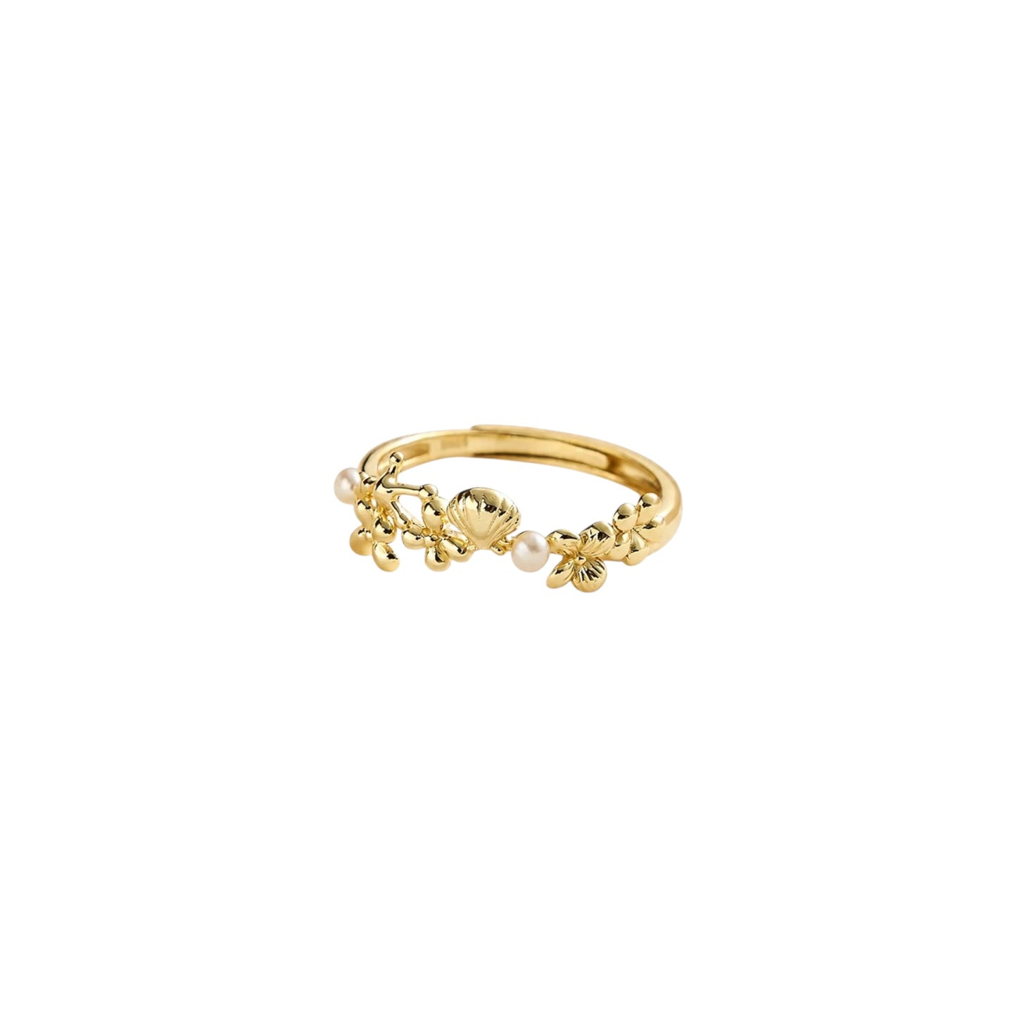 Seaside Treasure Ring in 14ct Gold plated 925 Sterling Silver with sculpted shell details and faux pearl accents