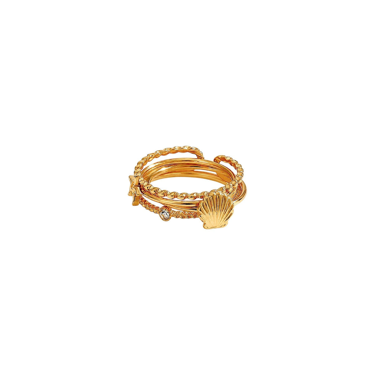 Scandal Kiss Gold Shell Ring Set with three Stainless Steel rings, textured details and zirconia accents