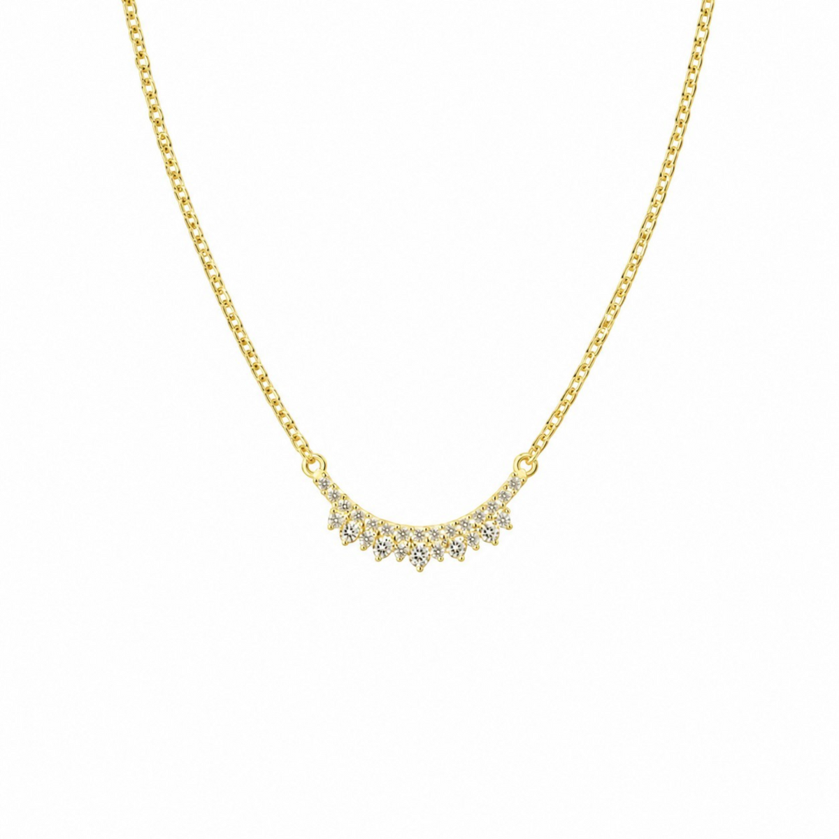 Sparkle Curve Necklace in 925 Sterling Silver with 18ct Gold plating featuring a graceful curved row of clustered zirconia