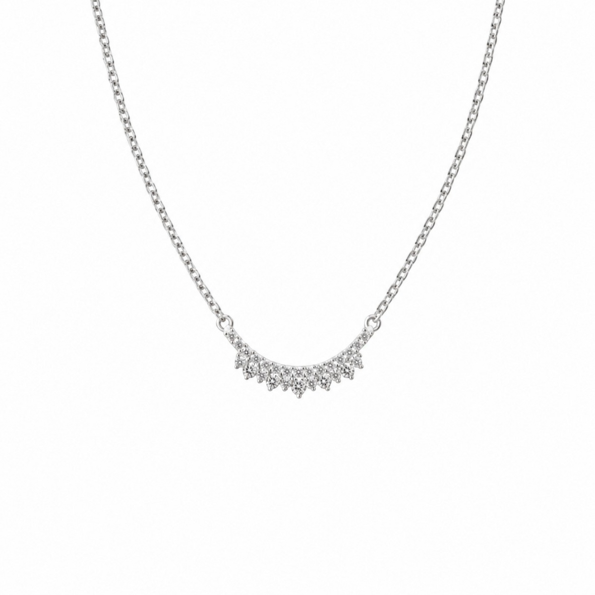 Sparkle Curve Necklace in 925 Sterling Silver with White Gold plating featuring a graceful curved row of clustered zirconia