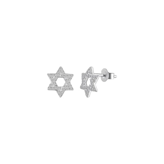 White gold Star of David stud earrings in sterling silver with pavé zirconia detailing
