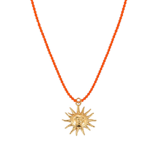 Orange beaded Sun Charm Necklace with an 18ct Gold plated Stainless Steel sun pendant