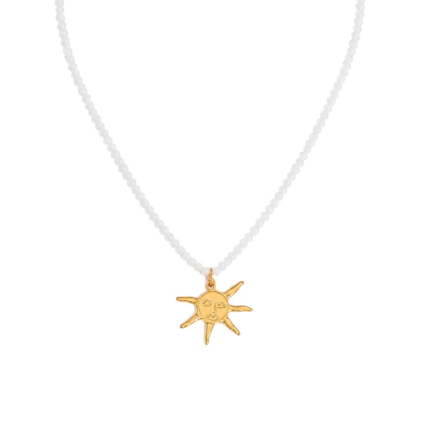 White beaded Sun Charm Necklace with an 18ct Gold plated Stainless Steel sun pendant