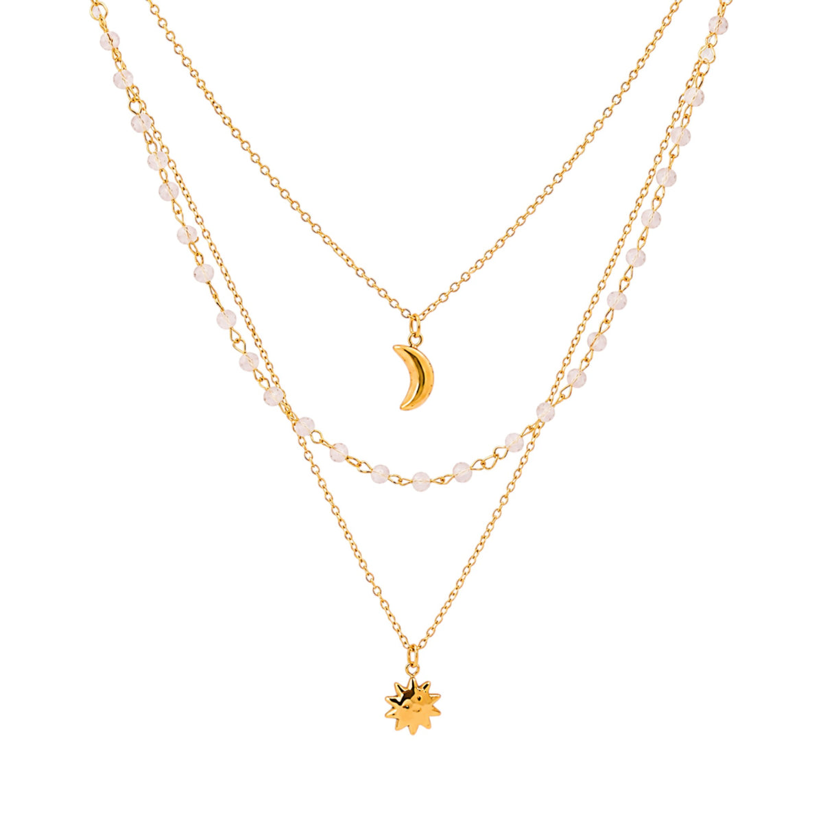 Sun and Moon Layered Necklace in Stainless Steel with 18ct Gold plating featuring three layered chains with sun, moon and beaded details.