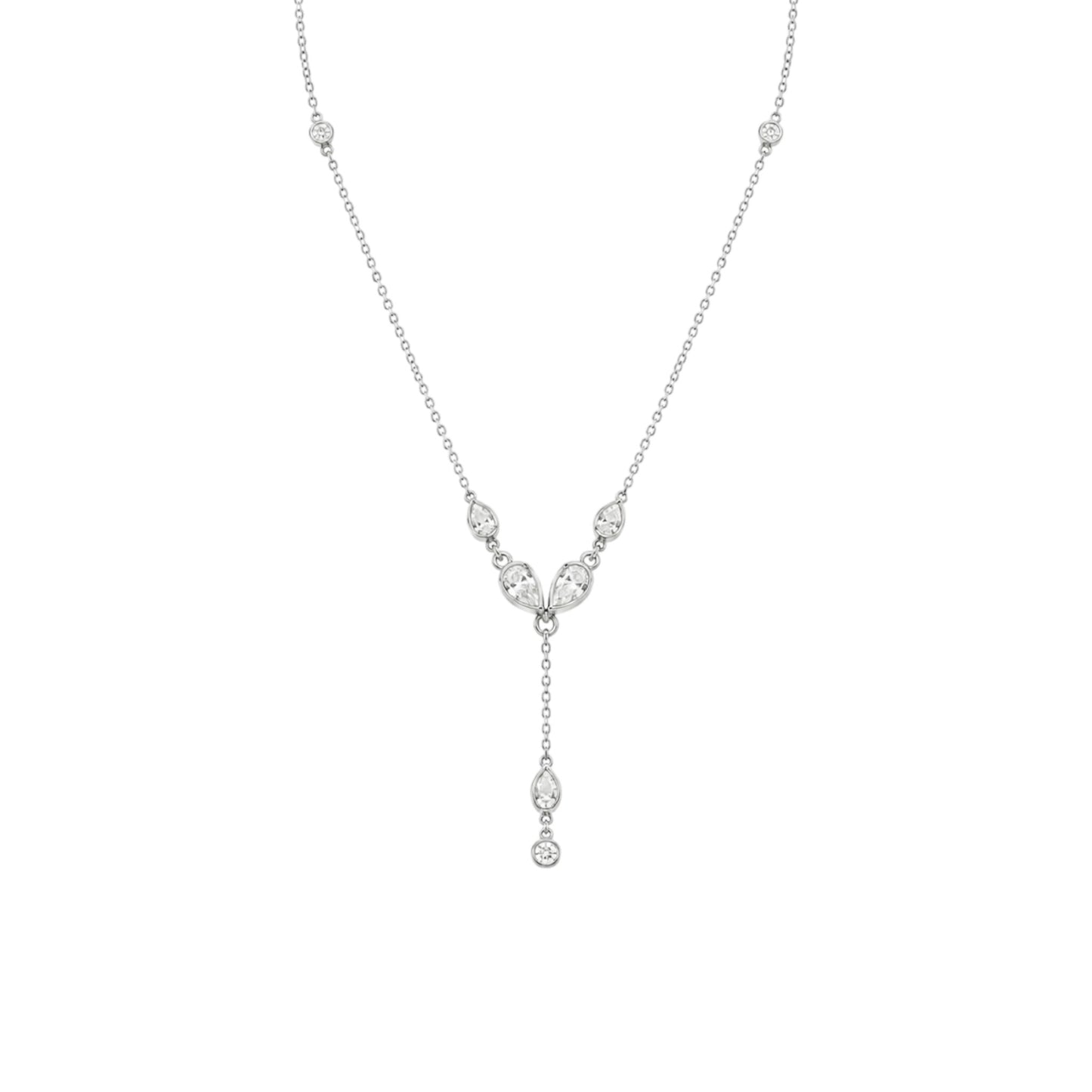 Teardrop Y Necklace in White Gold plated 925 Sterling Silver with cascading teardrop-shaped zirconia