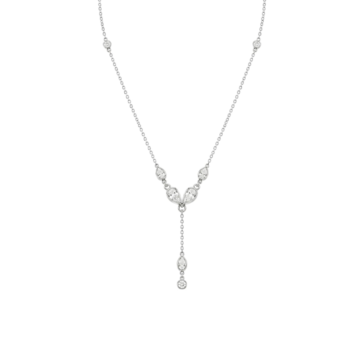 Teardrop Y Necklace in White Gold plated 925 Sterling Silver with cascading teardrop-shaped zirconia