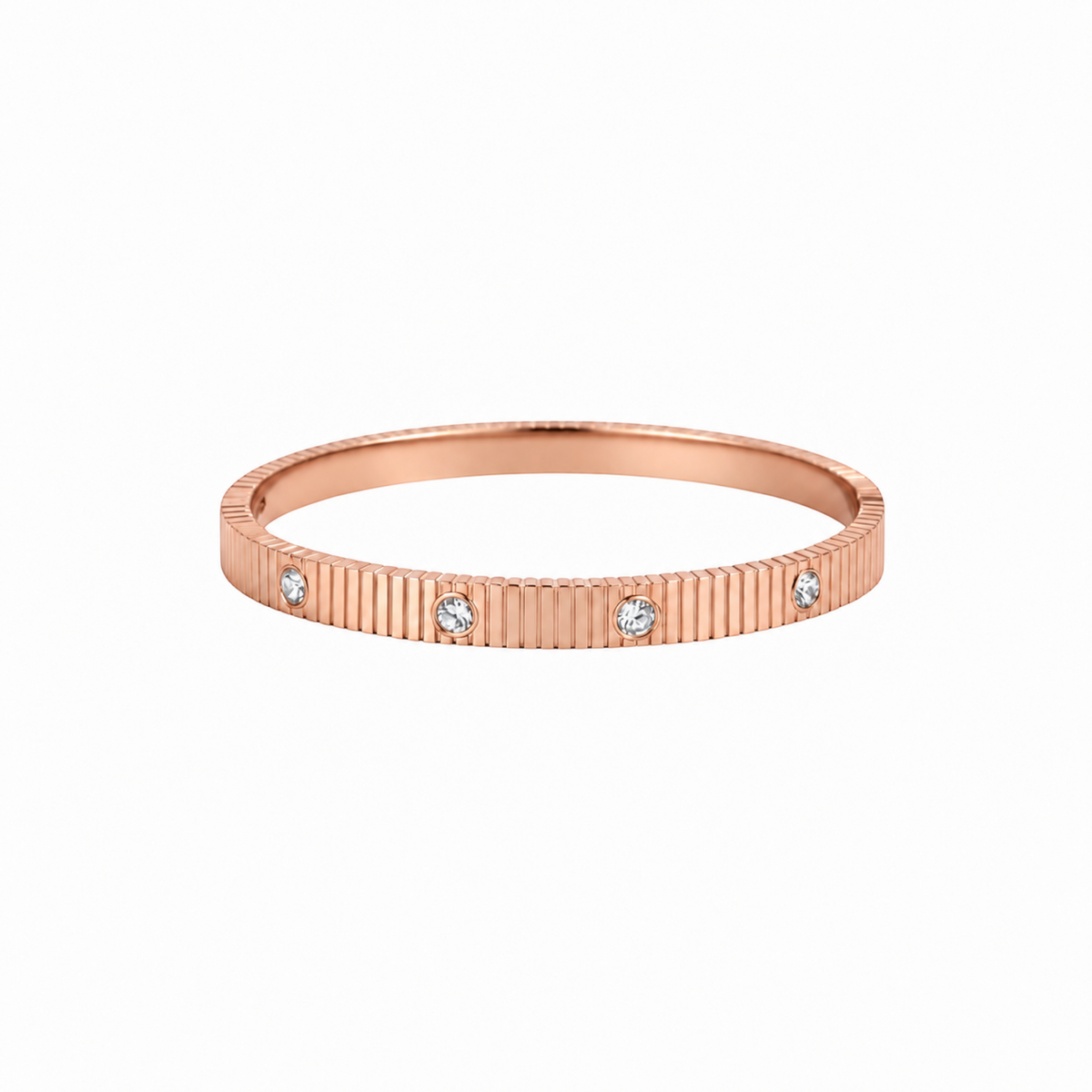 Scandal Kiss rose gold plated stainless steel textured bangle with sparkling zirconia stone accents