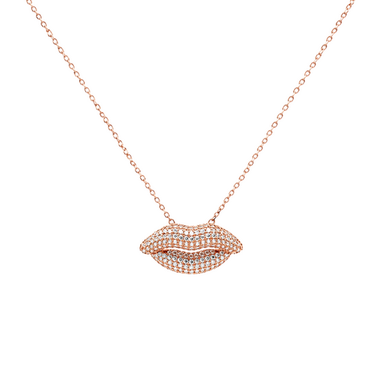 The Kiss Necklace in 925 Sterling Silver with Rose Gold plating featuring the iconic lips design with shimmering zirconia