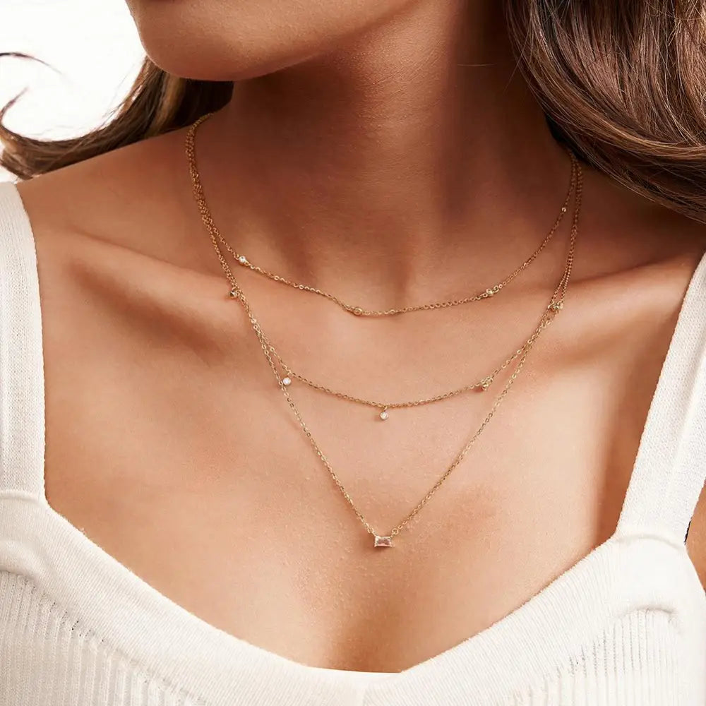Three Layered Necklace with Zirconia Accents Gold Necklaces