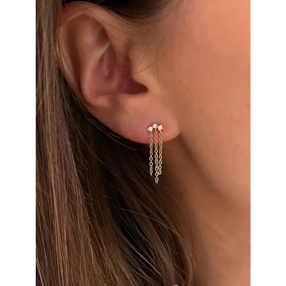 Three Tassel Chain Gold Earrings with Zirconias Earrings