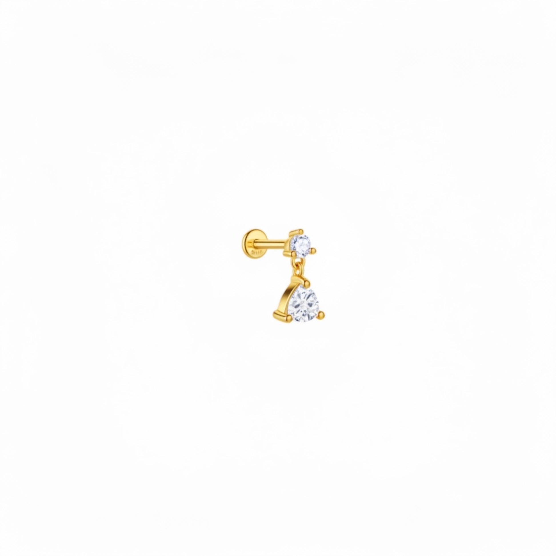 Gold triangle drop cartilage stud earring with round and triangle zirconia stones.
