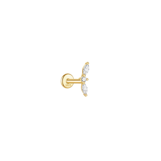 Gold trio arc cartilage stud earring with three zirconia stones in 925 sterling silver.