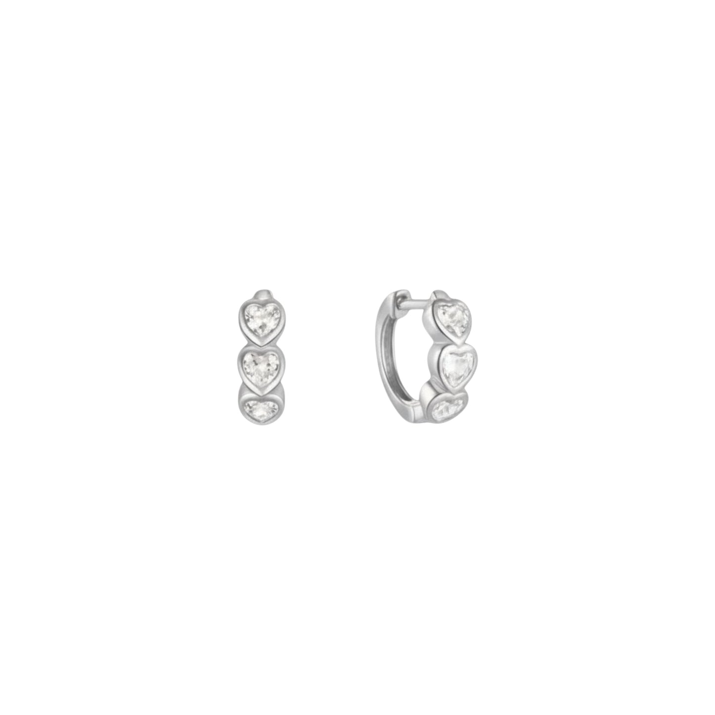 Triple heart huggie earrings in white gold toned 925 sterling silver