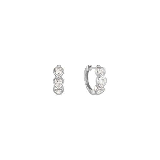 Triple heart huggie earrings in white gold toned 925 sterling silver