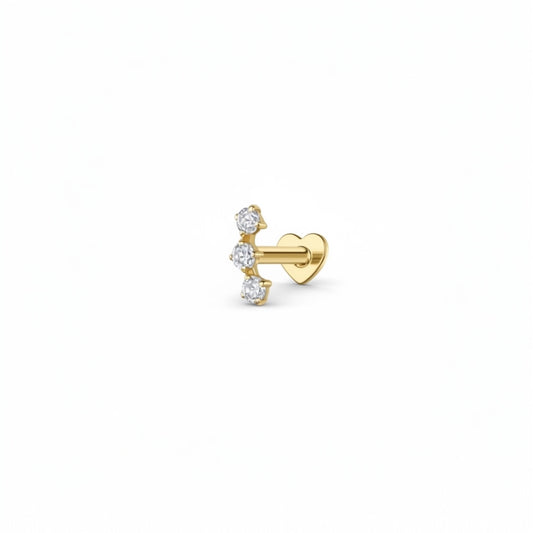 Gold triple zirconia cartilage stud earring in 925 sterling silver with curved arc design (0.35 × 1.15cm)