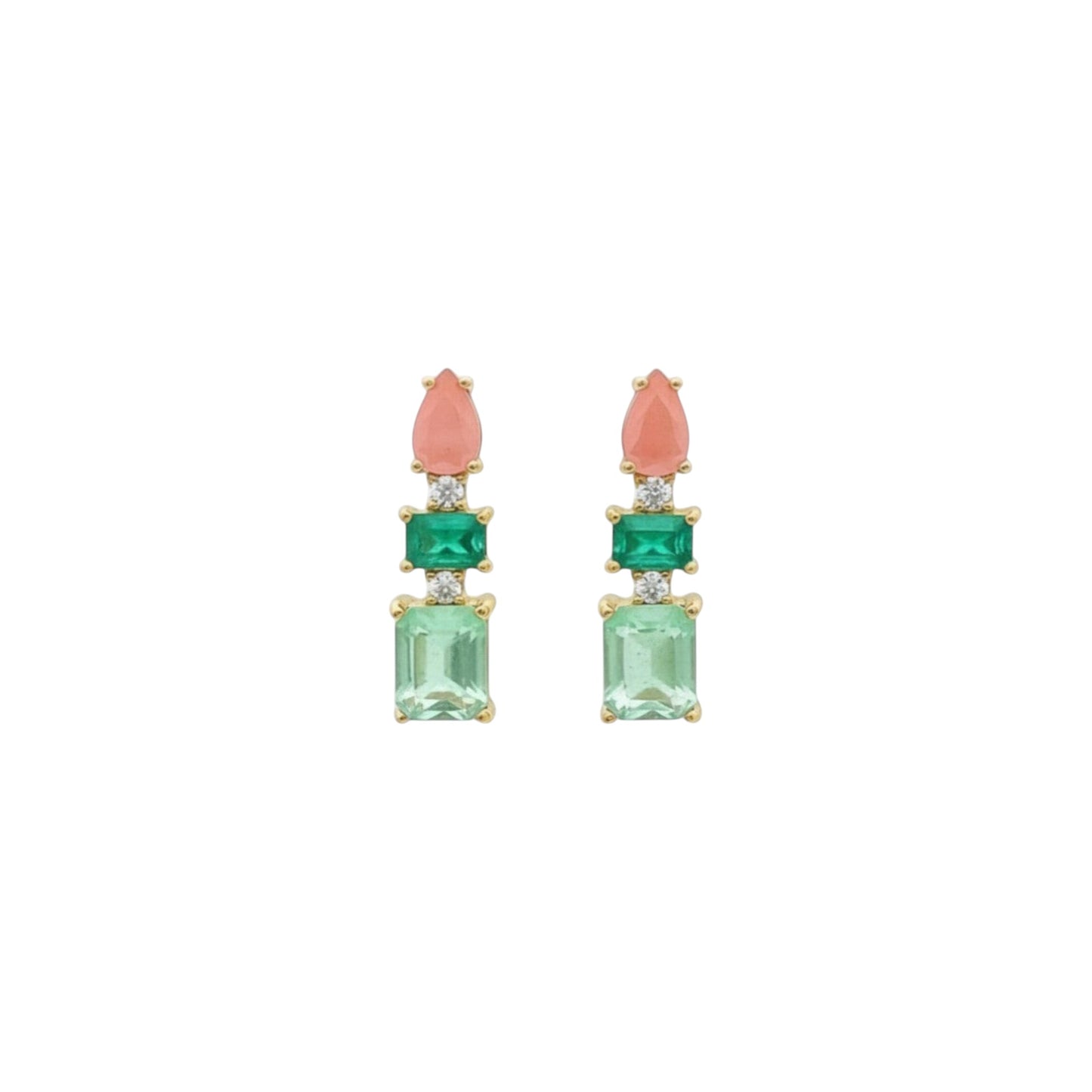 Coral and green triple stone drop earrings in sterling silver with stacked coloured stone detailing
