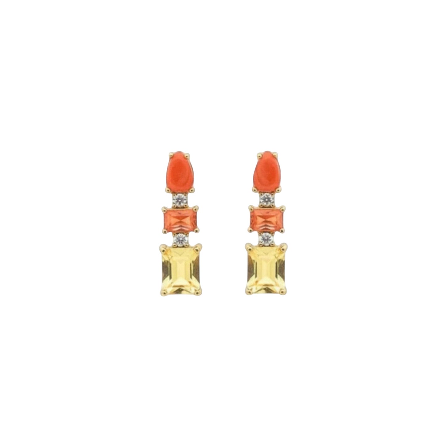 Orange and yellow triple stone drop earrings in sterling silver with stacked coloured stone detailing