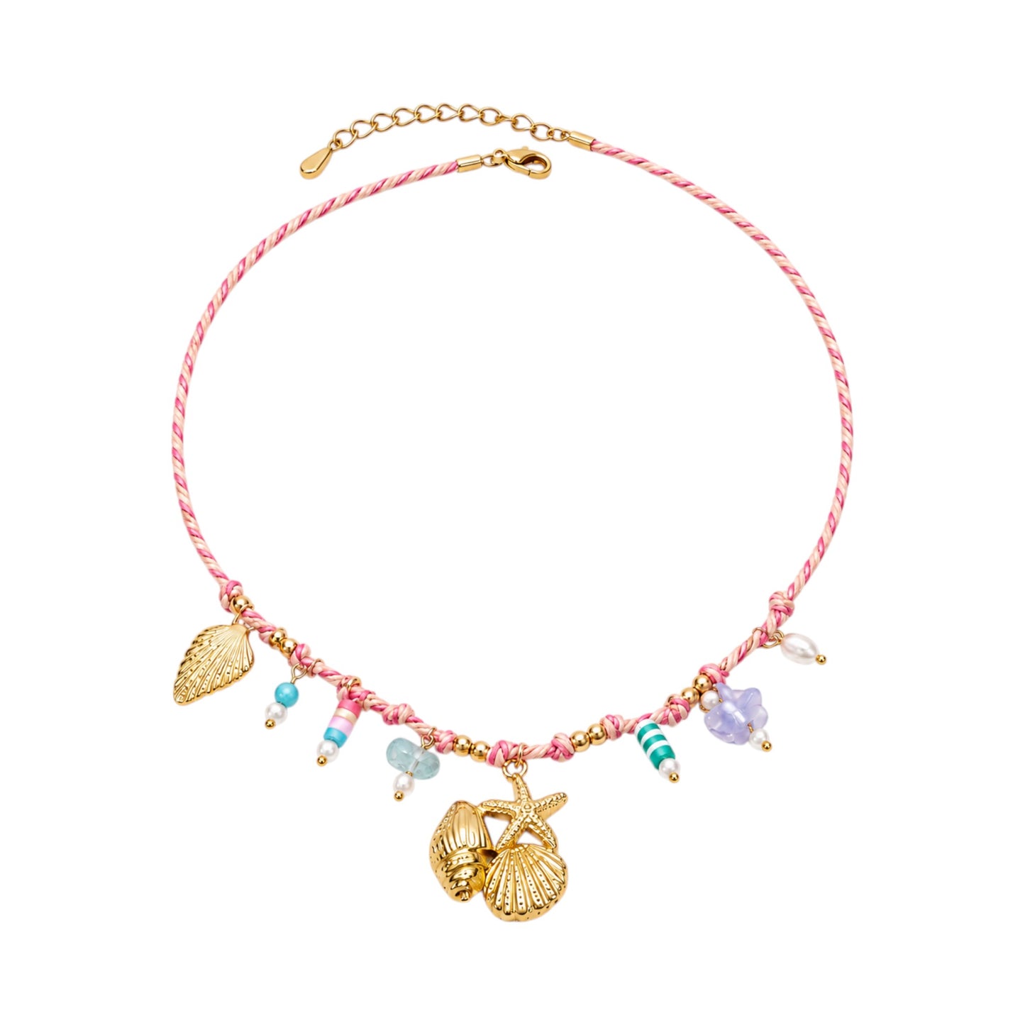 Tropical Charm Necklace with a pink twisted cord, colourful beads, shell, starfish and leaf-inspired details in Stainless Steel with 18ct Gold plating