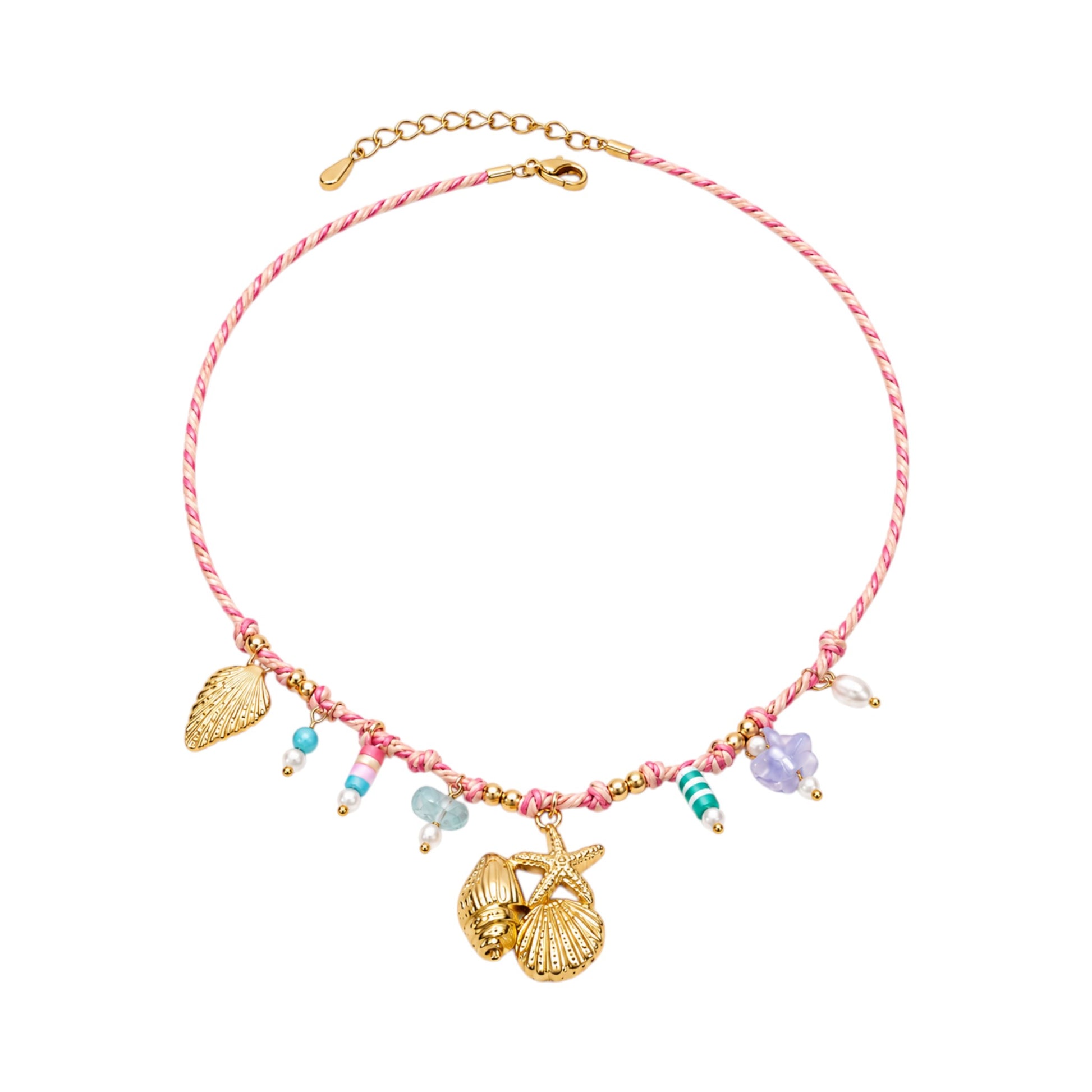 Tropical Charm Necklace with a pink twisted cord, colourful beads, shell, starfish and leaf-inspired details in Stainless Steel with 18ct Gold plating