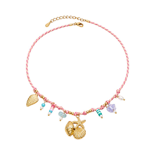 Tropical Charm Necklace with a pink twisted cord, colourful beads, shell, starfish and leaf-inspired details in Stainless Steel with 18ct Gold plating