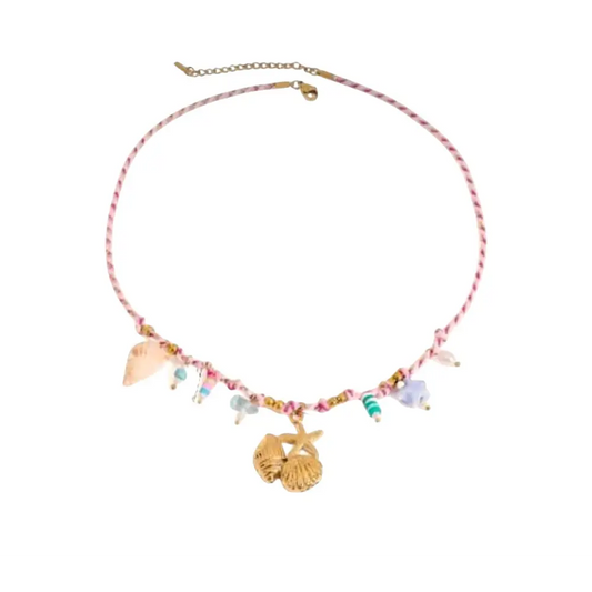 Necklace with colorful charms on a white background