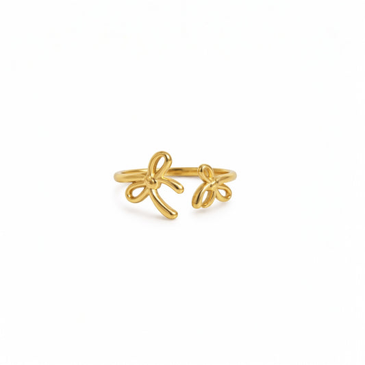 Gold twin bow open ring in gold plated stainless steel