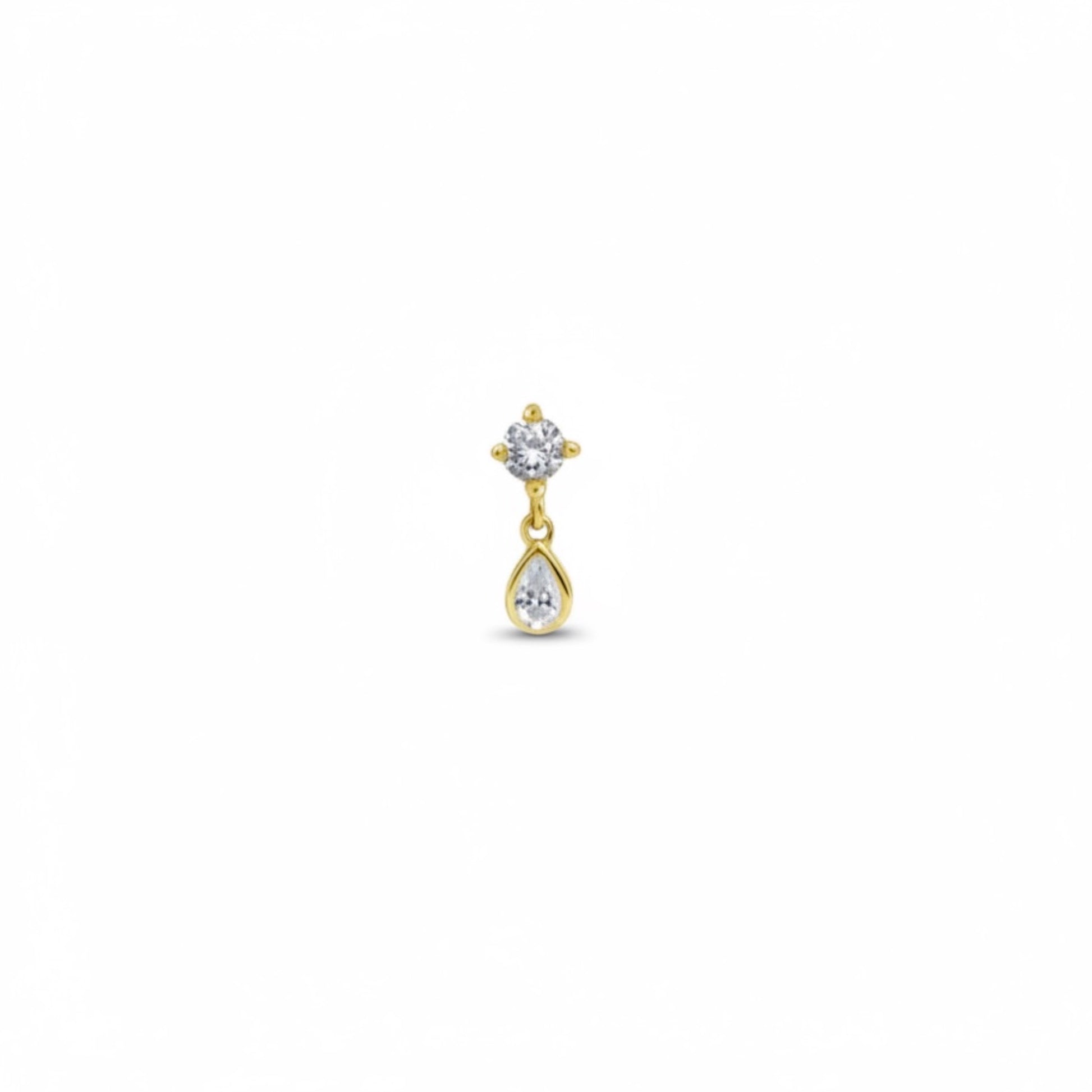 Gold twin drop cartilage stud earring with round and pear zirconia stones in 925 sterling silver.