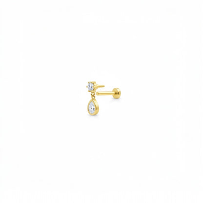 Twin Drop Stud in gold plated sterling silver with zirconia teardrop drop design for helix and cartilage piercings
