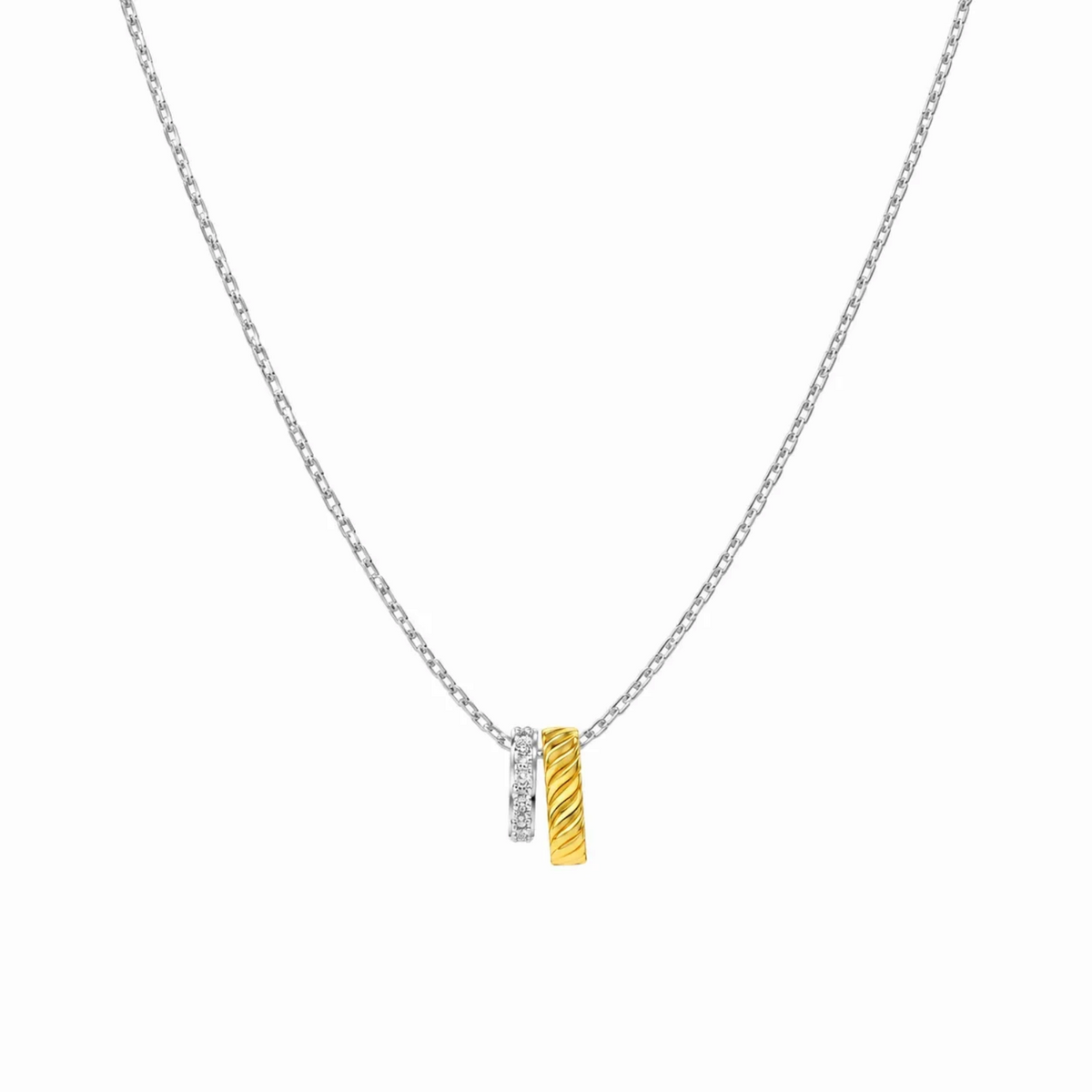 Two-Tone Circle Necklace with pavé silver and textured gold circle charms