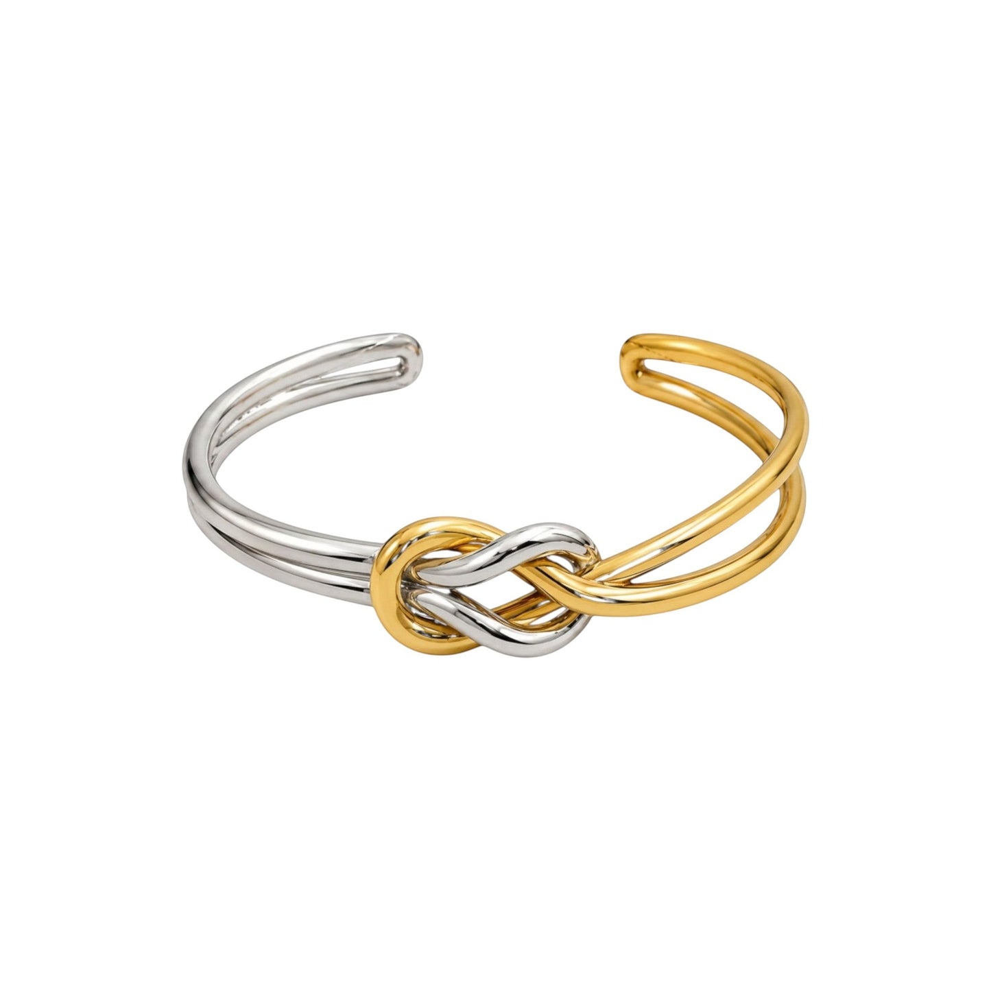 Two Tone Knot Bracelet in Stainless Steel with an intertwined gold and silver knot on an open cuff