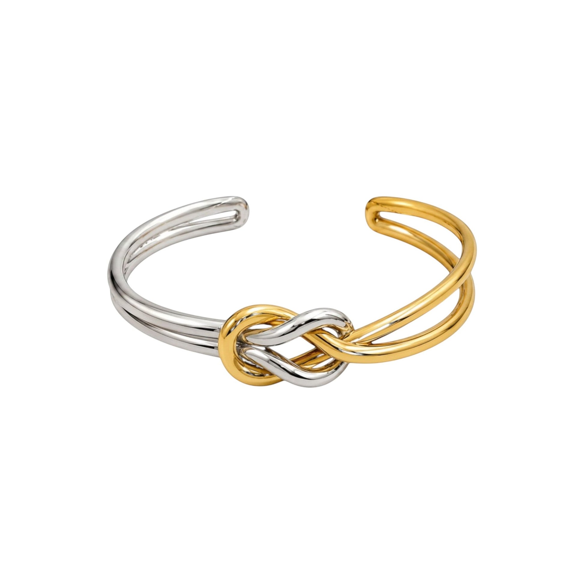 Two Tone Knot Bracelet in Stainless Steel with an intertwined gold and silver knot on an open cuff