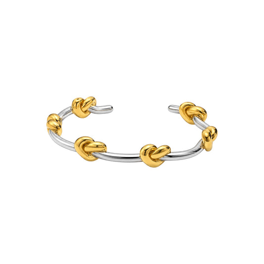 Two Tone Multi Knot Bracelet in Stainless Steel with polished gold knot details and an open cuff design