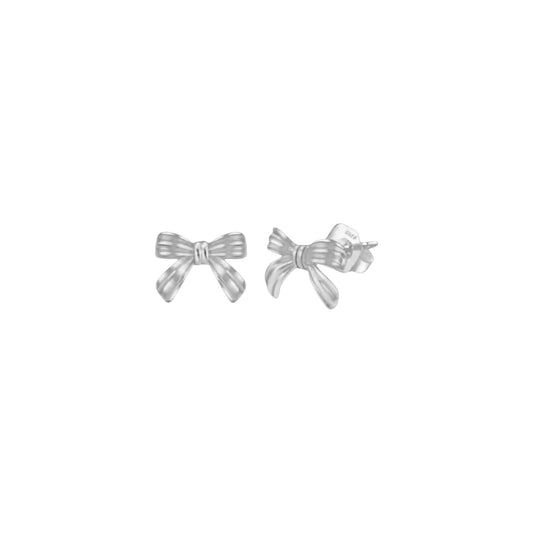 Scandal Kiss white gold plated sterling silver bow stud earrings with subtle texture. Classic shape with a modern edge.