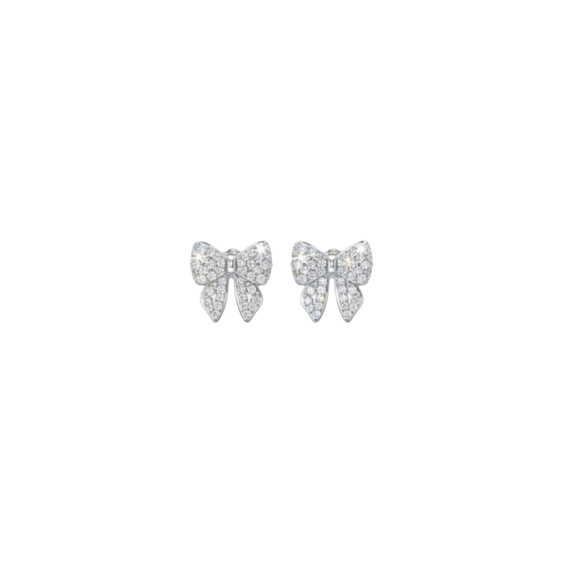 White gold pave bow stud earrings in 925 sterling silver