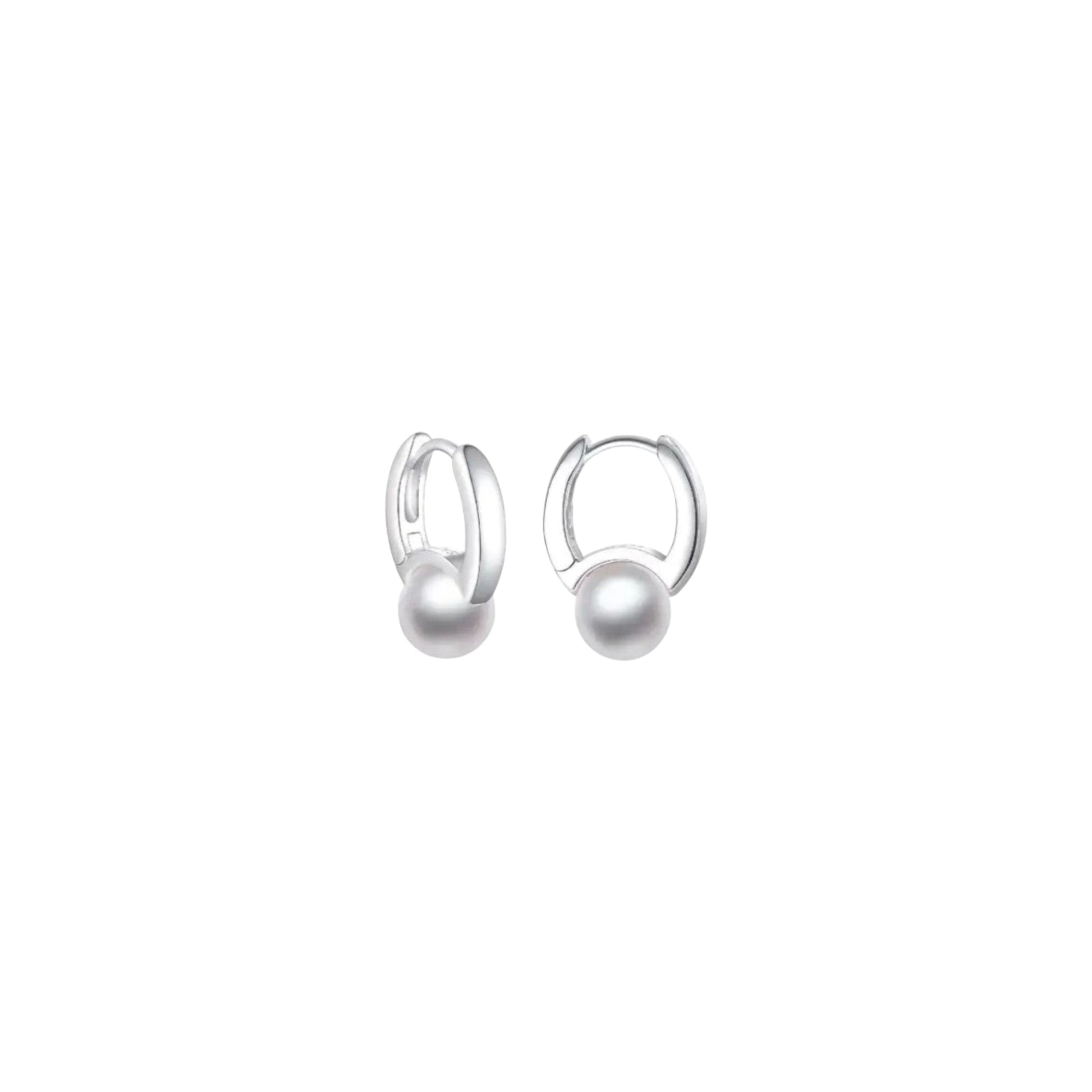 White gold pearl huggie earrings in sterling silver with faux pearl detailing