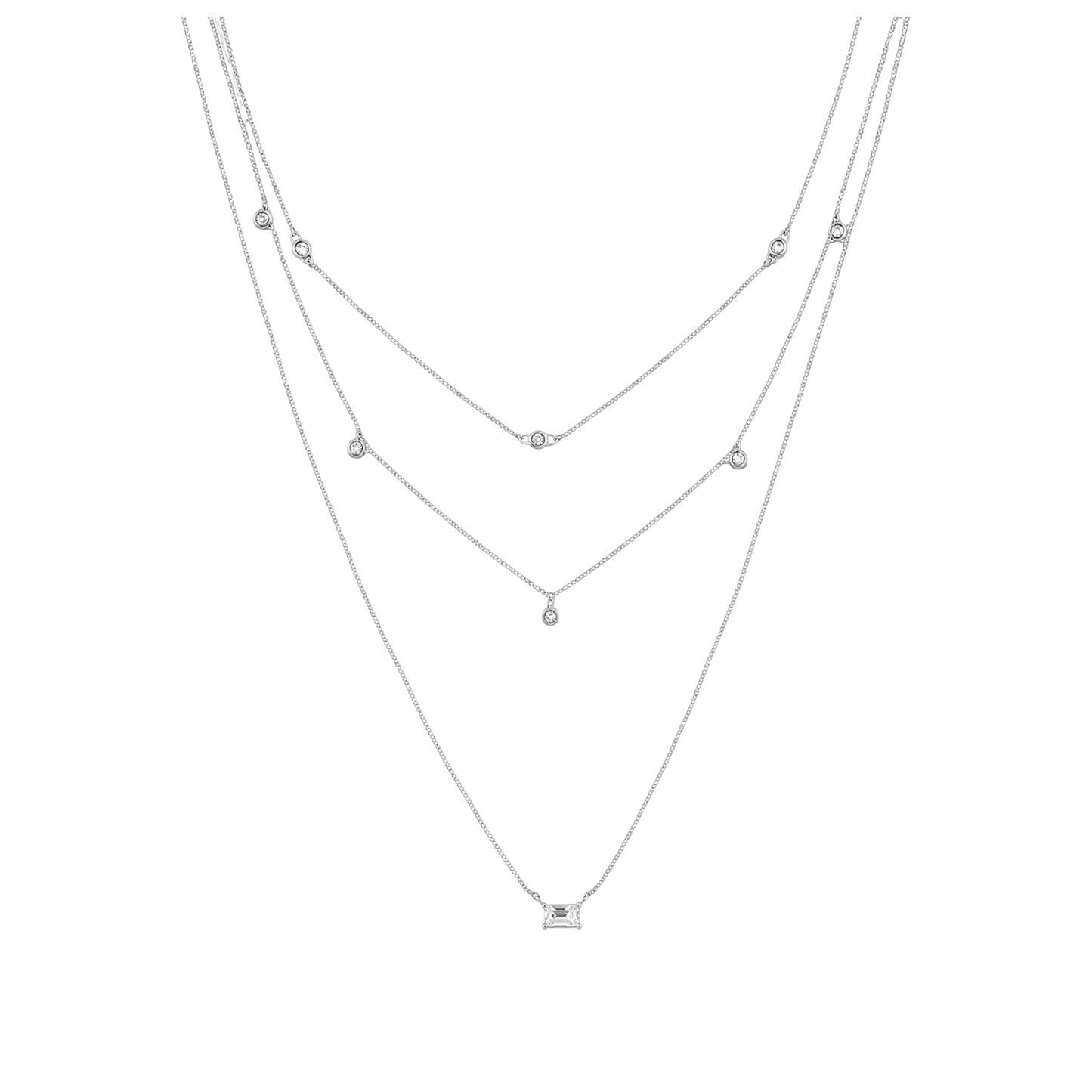 White Gold Triple Layer Necklace with delicate round zirconia accents