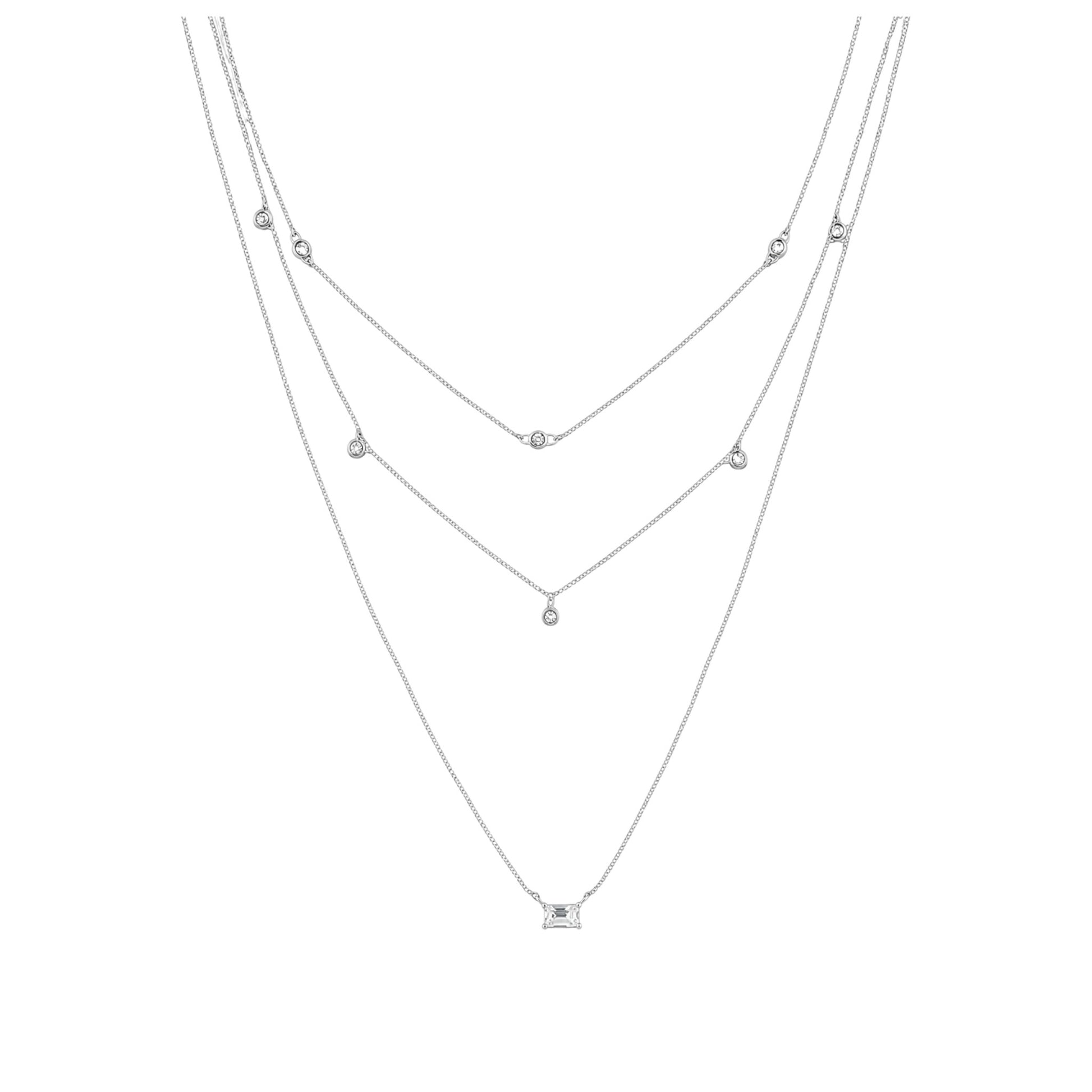 White Gold Triple Layer Necklace with delicate round zirconia accents