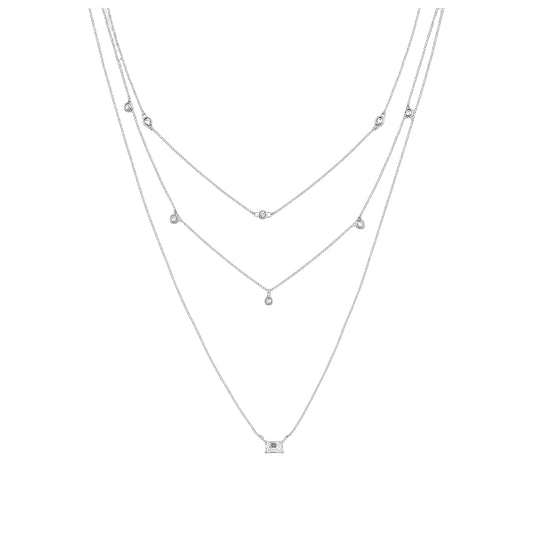 White Gold Triple Layer Necklace with delicate round zirconia accents